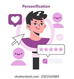 Personification in marketing. Personalized user experience, software settings, content and advert. Content plan and marketing campaign development. Flat vector illustration