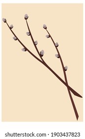 La personificación de la ternura. El comienzo de la primavera. Sprigs de un sauce hueco sobre un fondo naranja claro. Minimalismo por motivos naturales. Concepto de Pascua