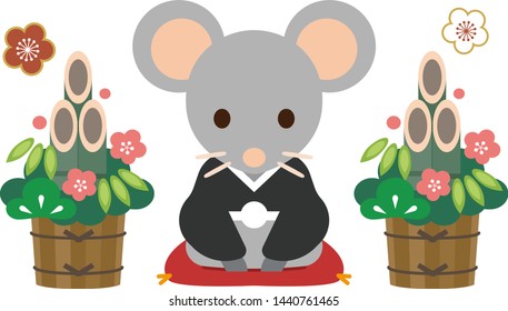 Personified rat dressed in traditional Japanese kimono, isolated on a white background. Vector illustration.