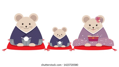 Personified rat family dressed in traditional Japanese kimono, isolated on a white background. Vector illustration.