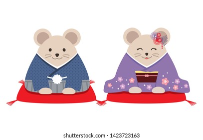 Personified rats dressed in traditional Japanese kimono, isolated on a white background. Vector illustration.