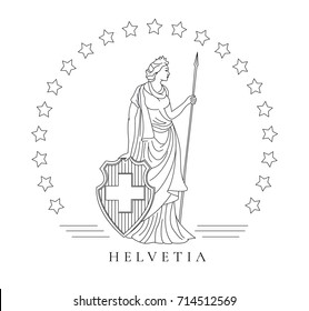 personified symbol of Switzerland, woman with shield and spaer, graphic illustration in line technique, monochrome