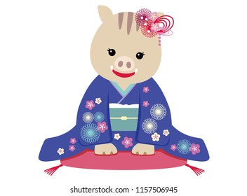 Personified wild boar dressed in traditional Japanese clothing, vector illustration.