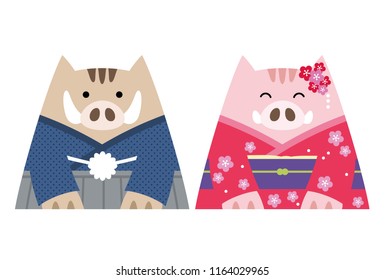 Personified wild boars dressed in traditional Japanese clothing, vector illustration.