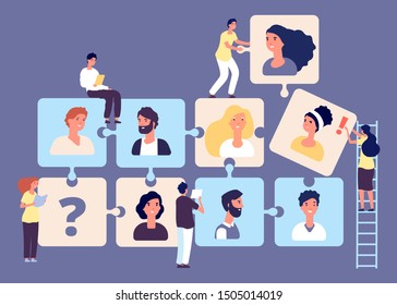 Personnel change concept. Recruiting, job search, human resource, employment agency vector illustration. Puzzle business team with tiny headhunters characters