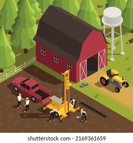Personnel drilling well in rural area with drill rig 3d isometric vector illustration