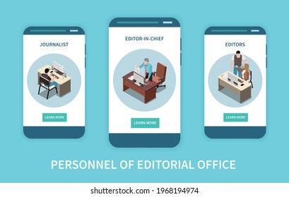 Personnel of editorial office with journalist and editor characters isometric vertical banners isolated vector illustration