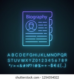 Personnel file neon light icon. Personal data. HR document. Professional bio. Staff member document. Biography. Glowing with alphabet, numbers. Vector isolated illustration