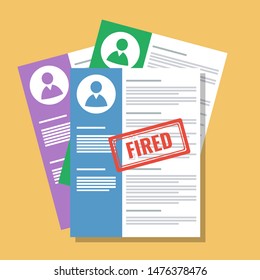 personnel files stack with fired stamp, flat style vector illustration