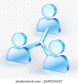 Personnel icons in 3D organization chart and team blue transparent glass material connected in network. Concept of social connection, teamwork, communication and collaboration. Vector illustration.