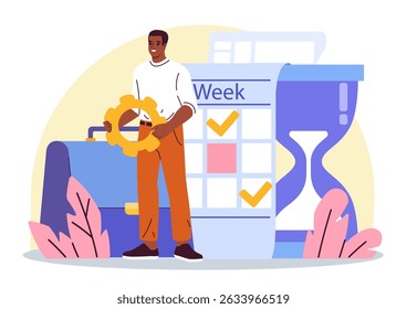 Personnel management concept. Businessman with cogwheel near briefcase and calendar. Organizing efficient workflow, prioritizing, setting goals and deadlines. Flat vector illustration