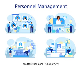 Personnel Management Concept Set. Business Recruitment And Empolyee Adaptation. HR Manager Hiring New Worker. Human Resources Management. Isolated Flat Vector Illustration