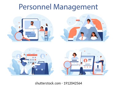 Personnel management concept set. Business recruitment and empolyee adaptation. HR manager hiring new worker. Human resources management. Isolated flat vector illustration