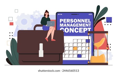 Personnel management concept. Woman sitting with laptop near calendar. Planning and business optimization. Time management and organization of efficient work process. Cartoon flat vector illustration