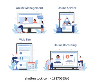 Personnel management online service or platform set. Business recruitment and empolyee adaptation. HR manager hiring new worker. Online management, recruiting, website. Flat vector illustration