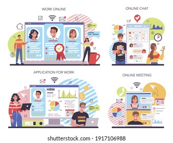 Personnel management online service or platform set. Business recruitment and empolyee adaptation. HR manager guiding teamwork. Online work, chat, meeting, application. Flat vector illustration