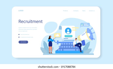 Personnel management web banner or landing page. Business recruitment and empolyee adaptation. HR manager hiring new worker. Human resources management. Isolated flat vector illustration