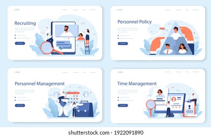 Personnel management web banner or landing page set. Business recruitment and empolyee adaptation. HR manager hiring new worker. Human resources management. Isolated flat vector illustration