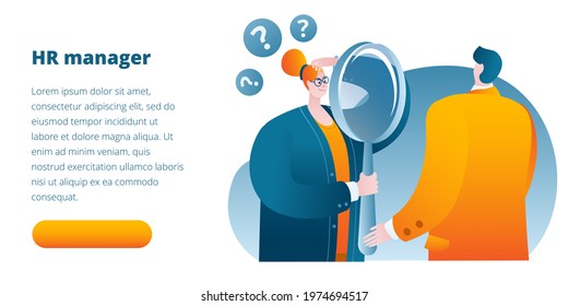 A personnel officer with a magnifying glass examines the candidate for the job.Template for a horizontal banner.