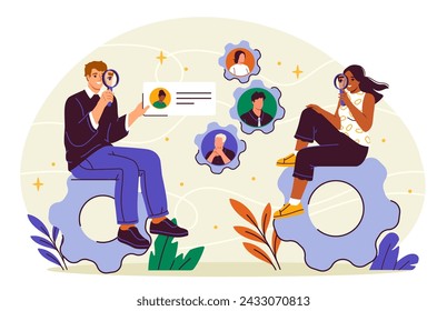 Personnel planning concept. Man and woman sitting at coghweels and gears. Teamwork, collaboration and cooperation. Time management and scheduling. Cartoon flat vector illustration