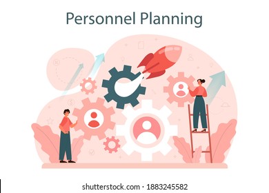 Personnel planning concept. Staff management and empolyee adaptation. HR manager working with teamwork organization. Business company planning. Isolated flat vector illustration