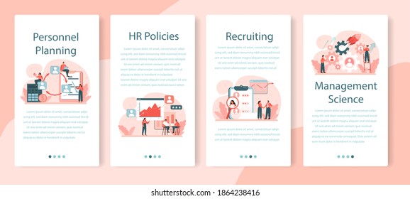 Personnel planning mobile application banner set. Staff management and empolyee adaptation. HR manager working with teamwork organization. Business company planning. Isolated flat vector illustration