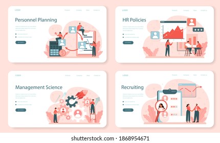 Personnel planning web banner or landing page set. Staff management and empolyee adaptation. HR manager working with teamwork organization. Business company planning. Isolated flat vector illustration
