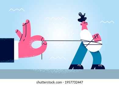 Personnel Retention And Motivation Concept. Human And Boss Hand Holding Employee With Thread Motivating And Playing With Him Vector Illustration 