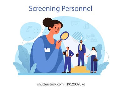 Personnel screening concept. Business recruitment and empolyee control. HR or personnel manager monitoring workers. Isolated flat vector illustration