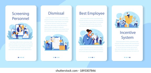 Personnel Screening Mobile Applikation Banner Set. Einstellung von Unternehmen und Mitarbeiterkontrolle. Personal- oder Personalmanager, die die Mitarbeiter überwachen. Einzelne flache Vektorgrafik