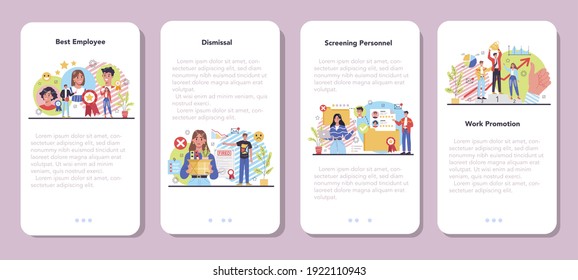 Personnel screening mobile application banner set. Business recruitment and empolyee control. HR or personnel manager monitoring workers. Promotion and dismissal. Isolated flat vector illustration