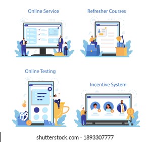 Personnel Screening Online Service Or Platform Set. Business Recruitment And Empolyee Control. Online Incentive System, Testing, Refresher Course. Isolated Flat Vector Illustration