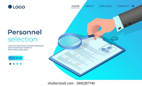 Personnel selection.The businessman's hand studies the employee's questionnaire with a magnifying glass.The concept of finding new employees.Support for specialists.Isometric vector illustration.