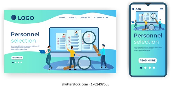 Personnel selection.The concept of a job search Agency.Recruitment agency.People on the big screen are studying resumes.The template of the landing page.flat vector illustration