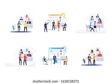 Personnel selection set. Managers studying applicants CV online. Flat vector illustrations. Hiring, human resource, recruiting agency concept for banner, website design or landing web page