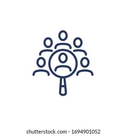 Icono delgado de selección de personal. Equipo de candidatos, lupa, elección. Icono de línea para empresas, recursos humanos, carrera, contratación, concepto de empleo