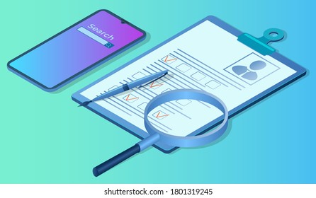 Personnel selection.Clipboard paper questionnaire and mobile magnifier as a symbol of the search for personnel.The concept of finding the best employees.Isometric vector illustration.