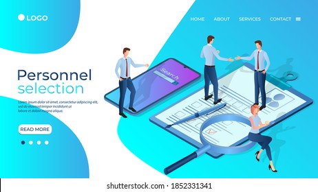 Personnel selection.People choose employees for their business.Job search view profiles and resumes.3D-image.Isometric vector illustration.The template of the landing page.