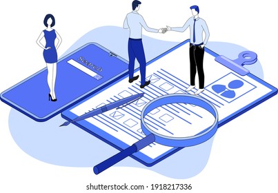 Personnel selection.People are engaged in the selection of personnel when hiring.Conclusion of an employment contract.3L image.Isometric vector illustration.
