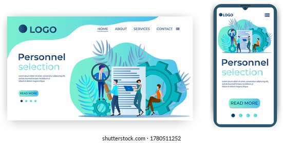 Personnel selection.People are searching for workers.Use a magnifying glass and a questionnaire.The concept of finding new employees.Landing page template and adpatation for your smartphone.