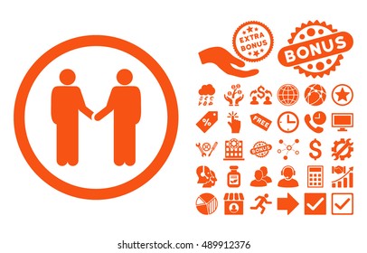 Persons Agreement pictograph with bonus symbols. Vector illustration style is flat iconic symbols, orange color, white background.