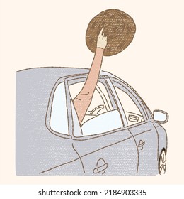 Person's arm in pink shirt showing straw hat. Travel driving, relaxing and enjoying road trip. Raising hand out of car. Hand drawn flat vector illustration cartoon characters in colored pencil texture