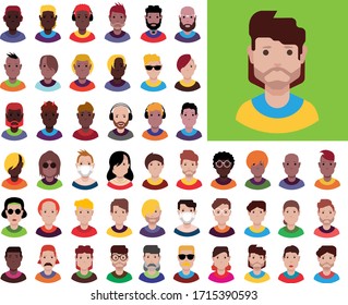 Persons, avatars, people heads of different ethnicity. Vector design