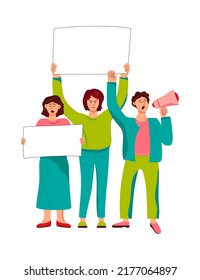 Persons with banners and megaphone. Protest and demonstration concept. Vector flat illustration.
