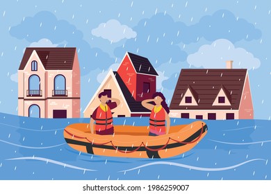 persons in boat city flood