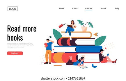 Persons with books landing. Web site template with cartoon young characters reading books. Vector self education web page. Literature lovers studying in library, getting knowledge or information