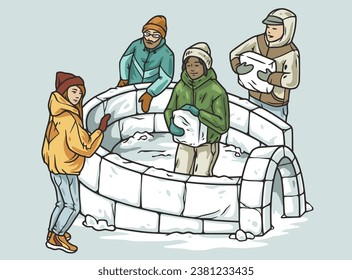 Persons building igloo in winter as team, engaging in seasonal activity. Creative construction of ice shelter with company of people, embracing cold season.