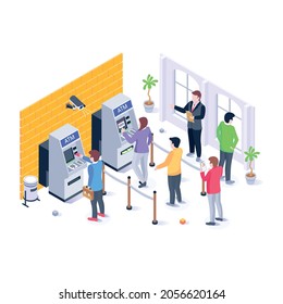 Persons with cash machines, isometric illustration of cash withdrawal