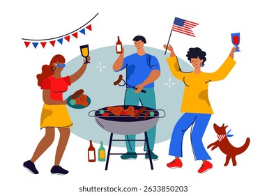 Pessoas celebrando uma festa de churrasco ao ar livre com bandeira americana. Pessoas grelhando carne e salsichas, bebendo para o Dia da Independência. Ilustração de desenho animado de vetor plano	
