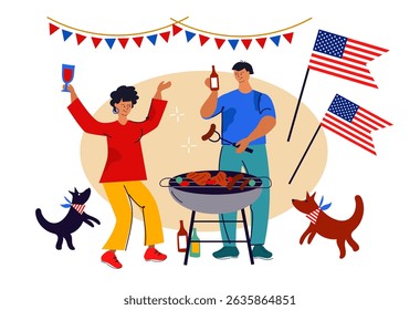 Persons celebrating an outdoor barbeque party with an American flag. People grilling meat and sausages, drinking for Independence Day. Flat vector cartoon illustration	
